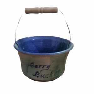 Vintage Handmade Ceramic Pottery Berry Bucket Wooden Wired Blue Green